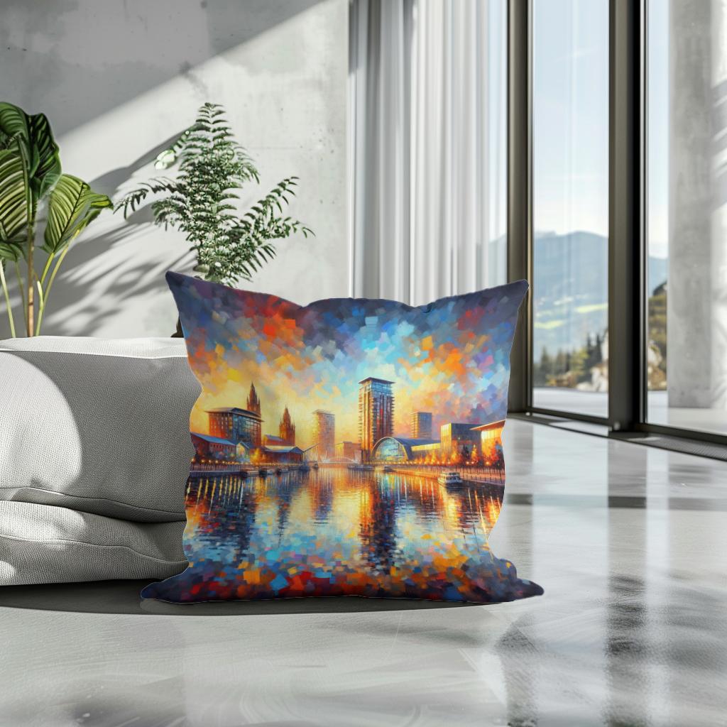 Manchester Salford Quays Sunset Cotton Cushion