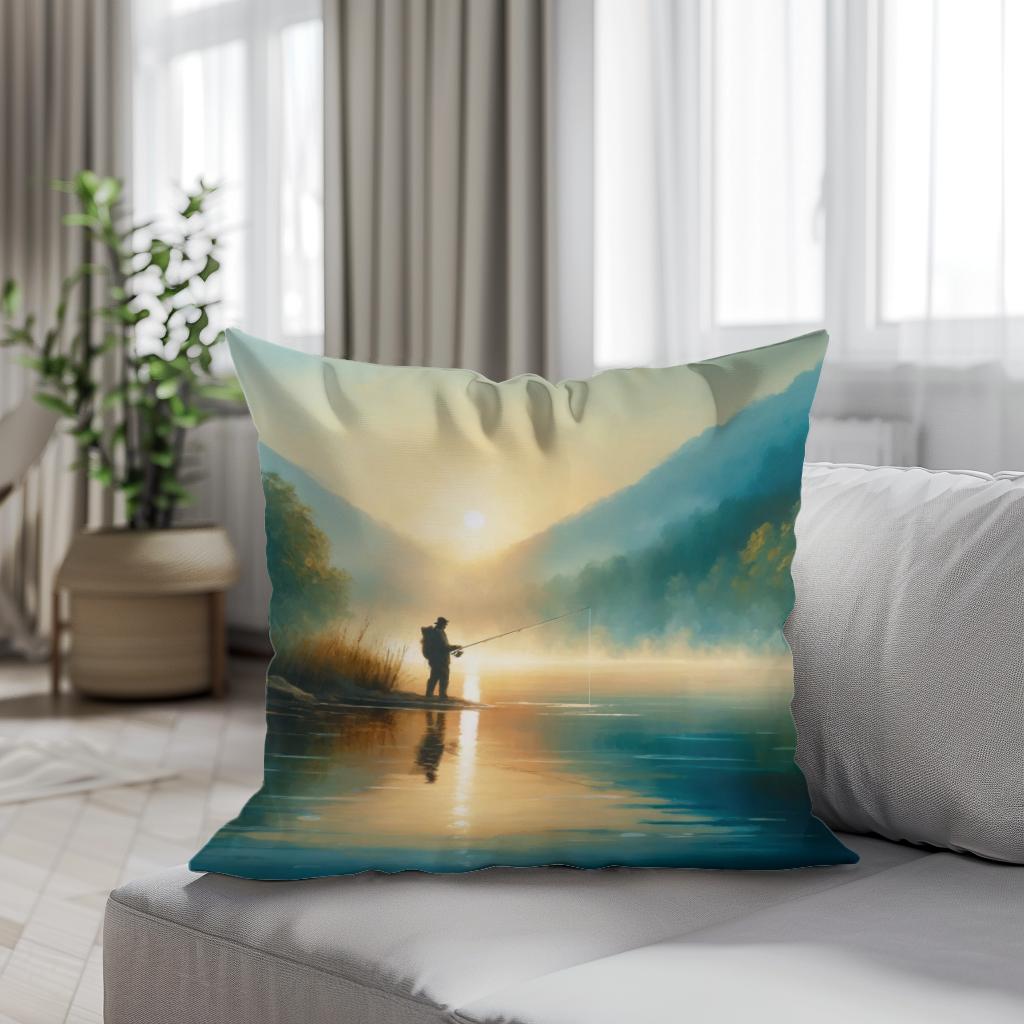 Tranquil Dawn Fishing Cotton Cushion