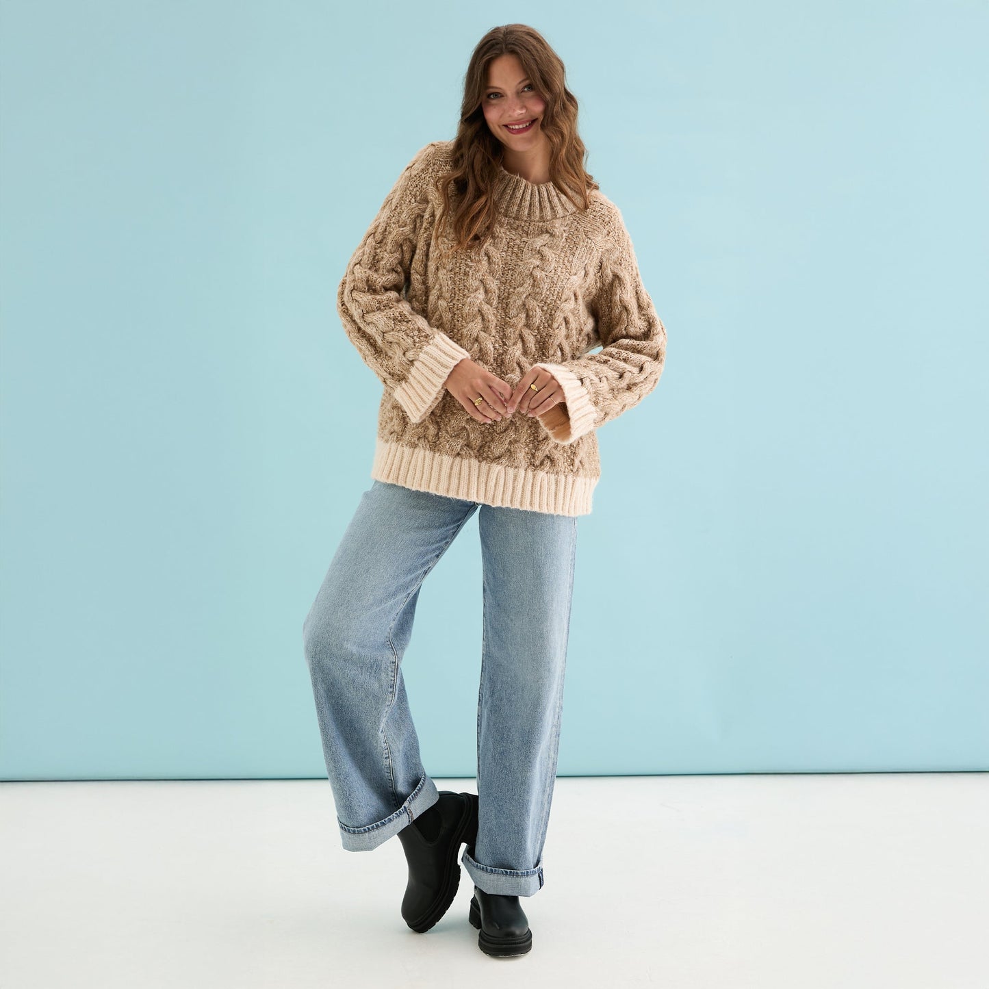 Jennie Cable High Neck Balloon Sleeve Jumper - Beige