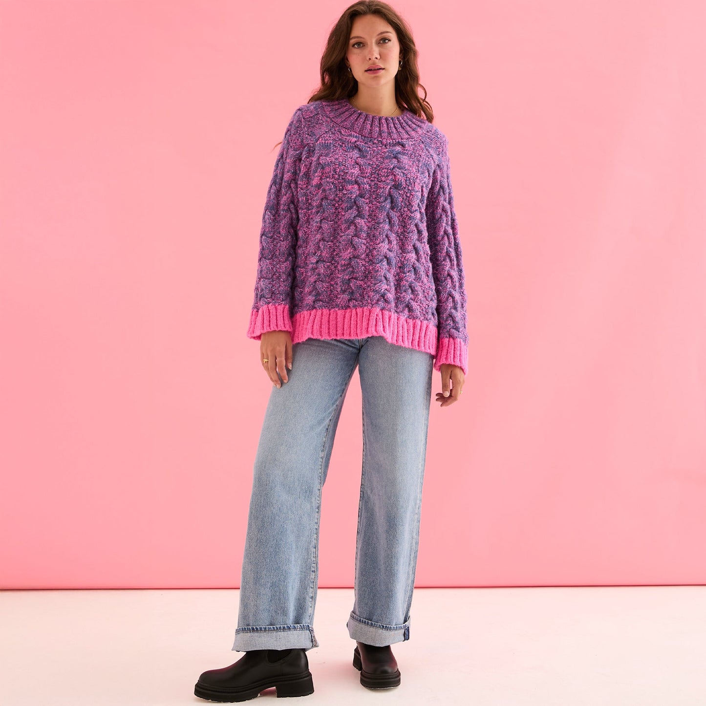 Jennie Cable High Neck Balloon Sleeve Jumper - Denim