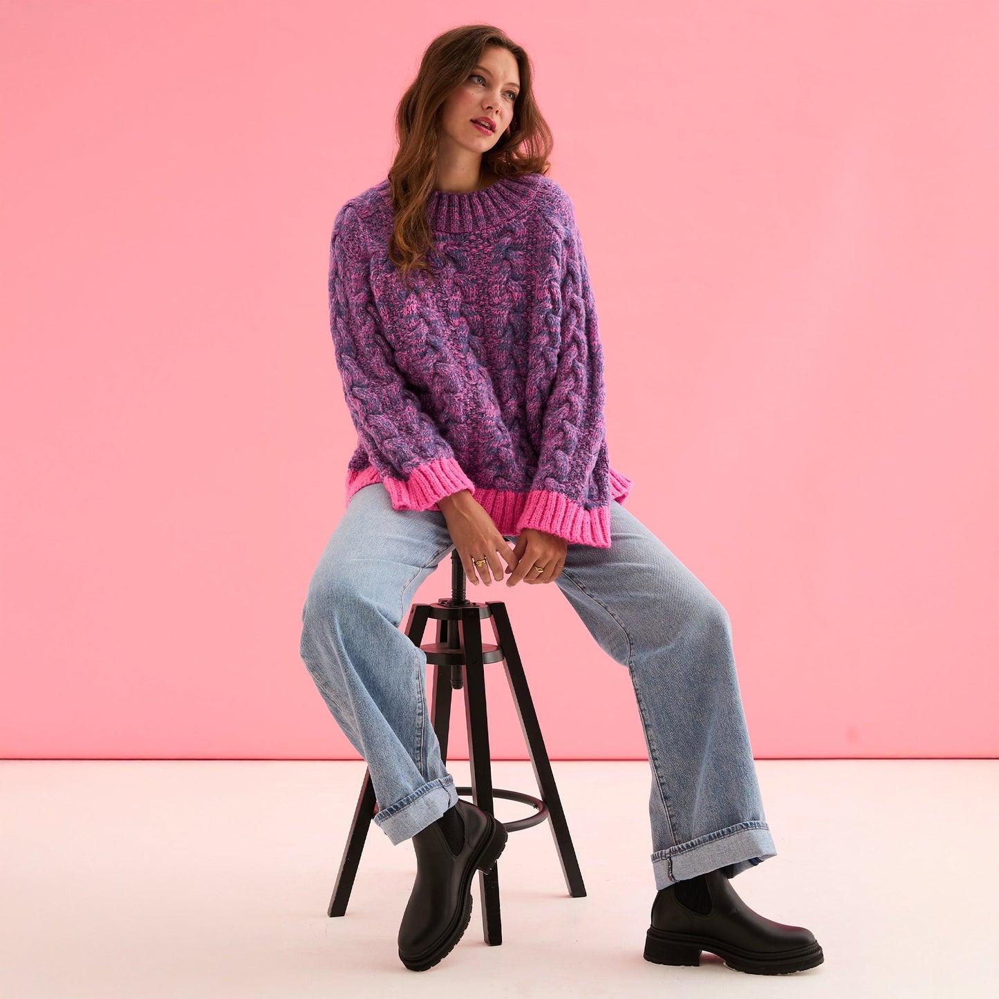 Jennie Cable High Neck Balloon Sleeve Jumper - Denim