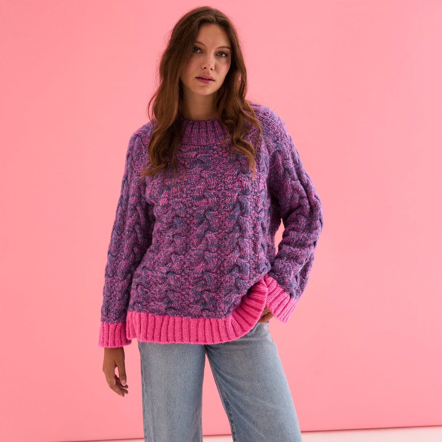 Jennie Cable High Neck Balloon Sleeve Jumper - Denim