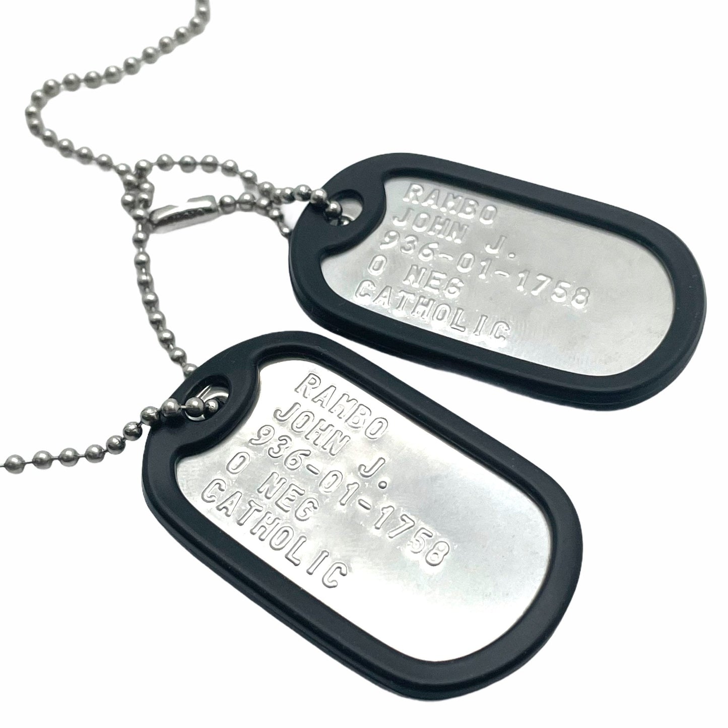 JOHN JAMES RAMBO Military Dog Tags Set Costume Prop Replica - Stainless Steel - Chain Included