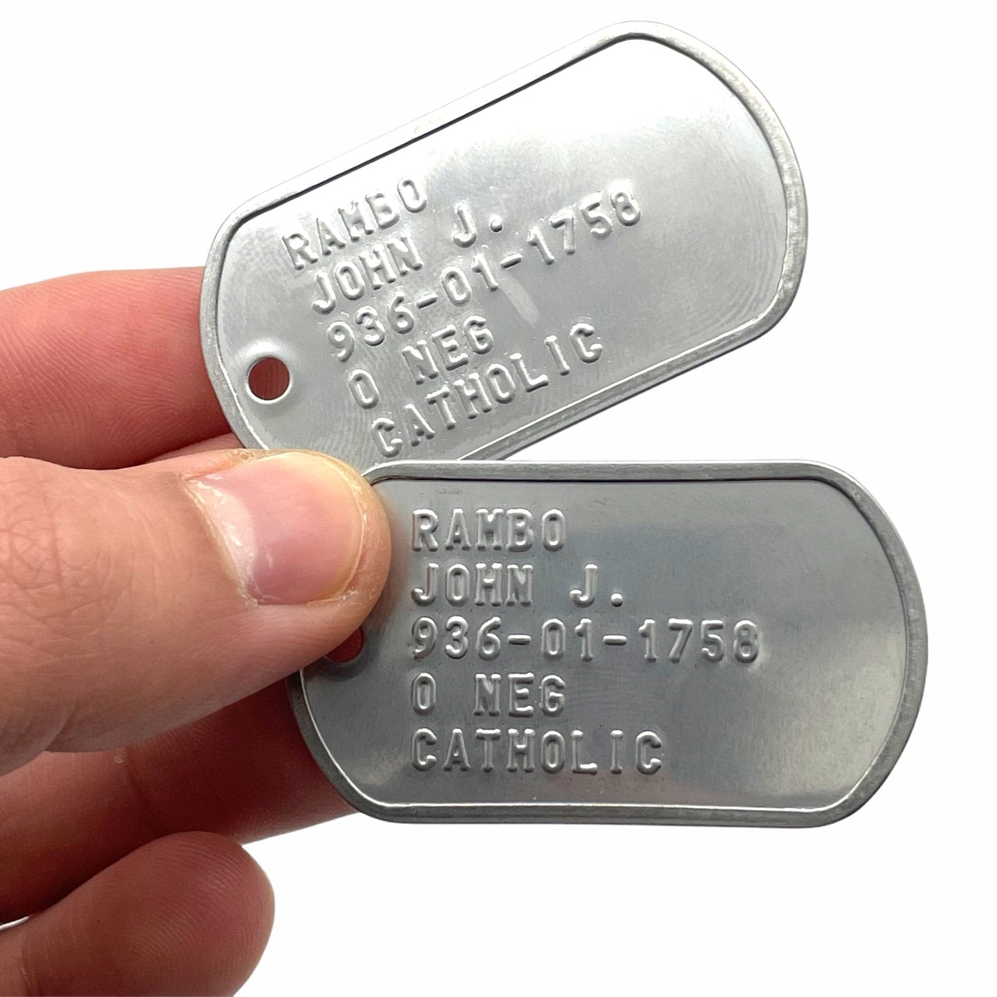 JOHN JAMES RAMBO Military Dog Tags Set Costume Prop Replica - Stainless Steel - Chain Included