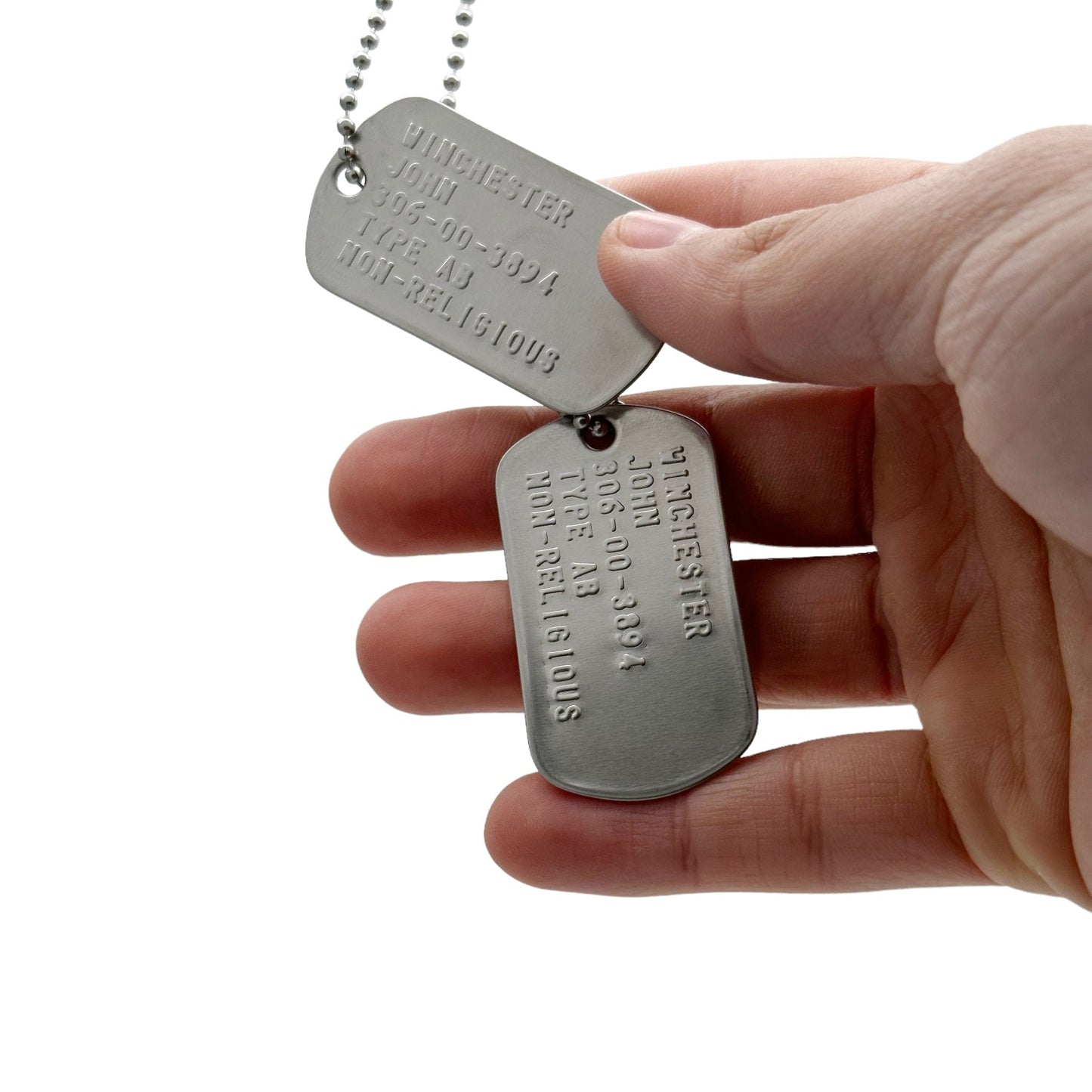 'John Winchester' Dog Tags - Costume Cosplay Prop Replica Military - Stainless Steel Chains Included