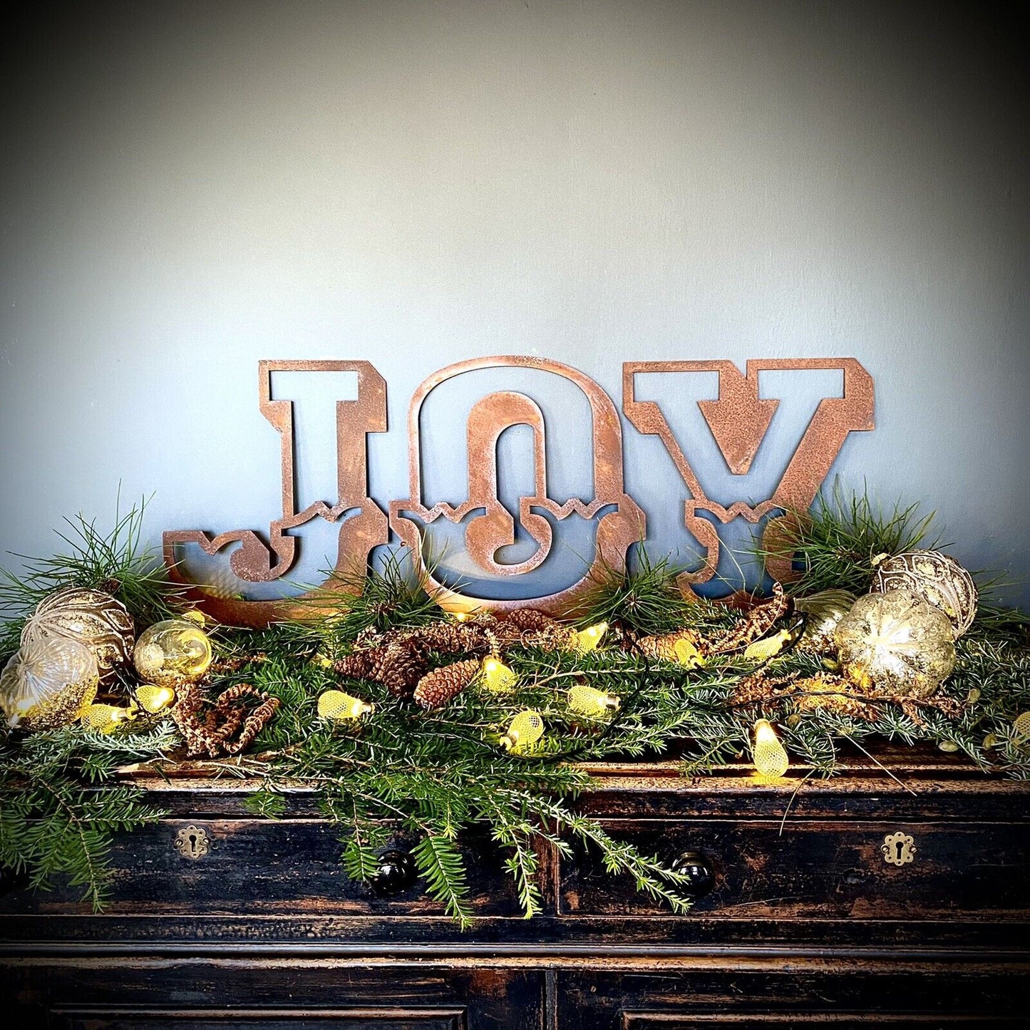 Christmas Mantle Fireplace Decoration JOY In Rustic Rusted Carnival Letters 12 Inches Tall.