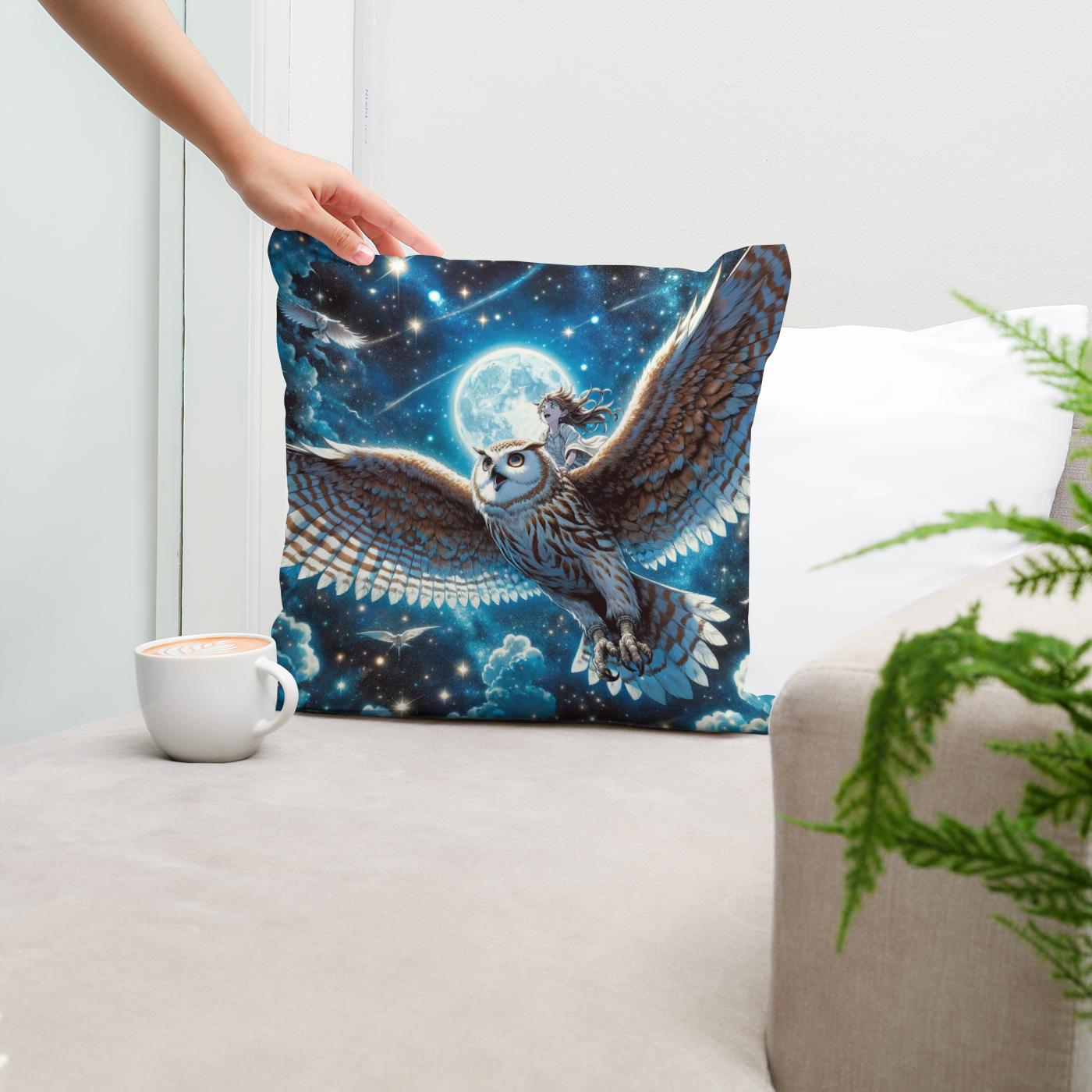 Moonlit Owl Ride Cotton Cushion