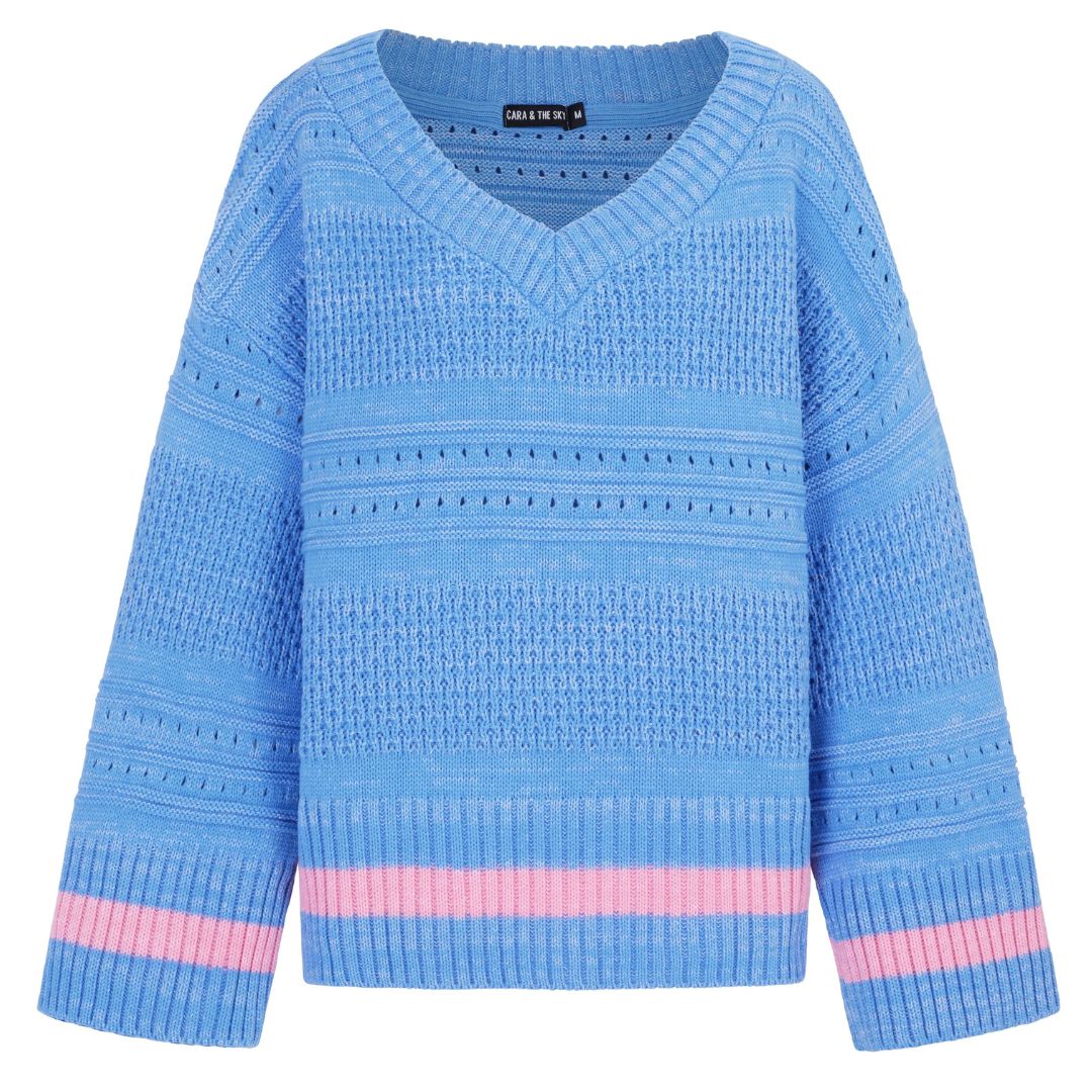 Judith Pointelle Stitch V Neck Jumper - Blue