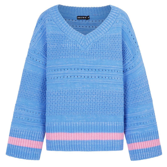 Judith Pointelle Stitch V Neck Jumper - Blue