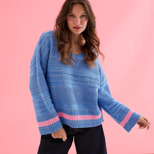 Judith Pointelle Stitch V Neck Jumper - Blue