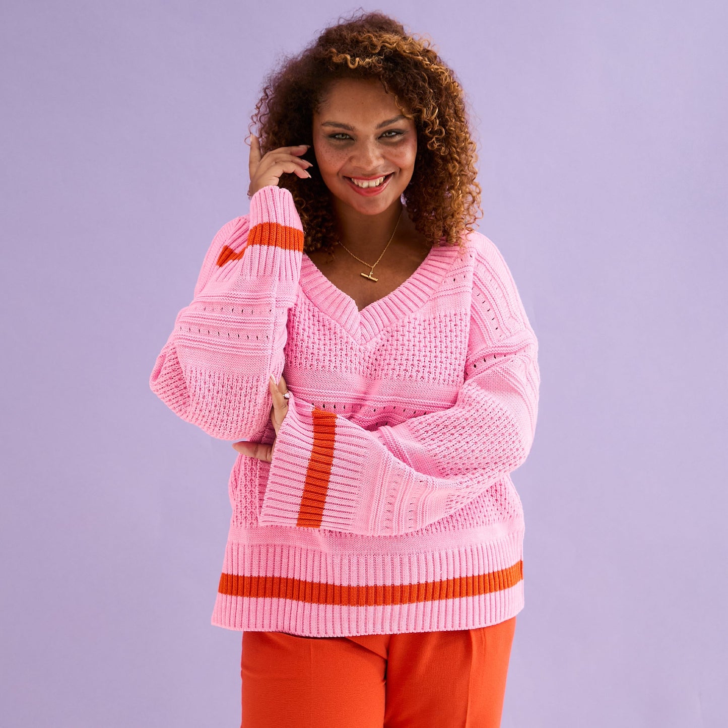 Judith Pointelle Stitch V Neck Jumper - Pink