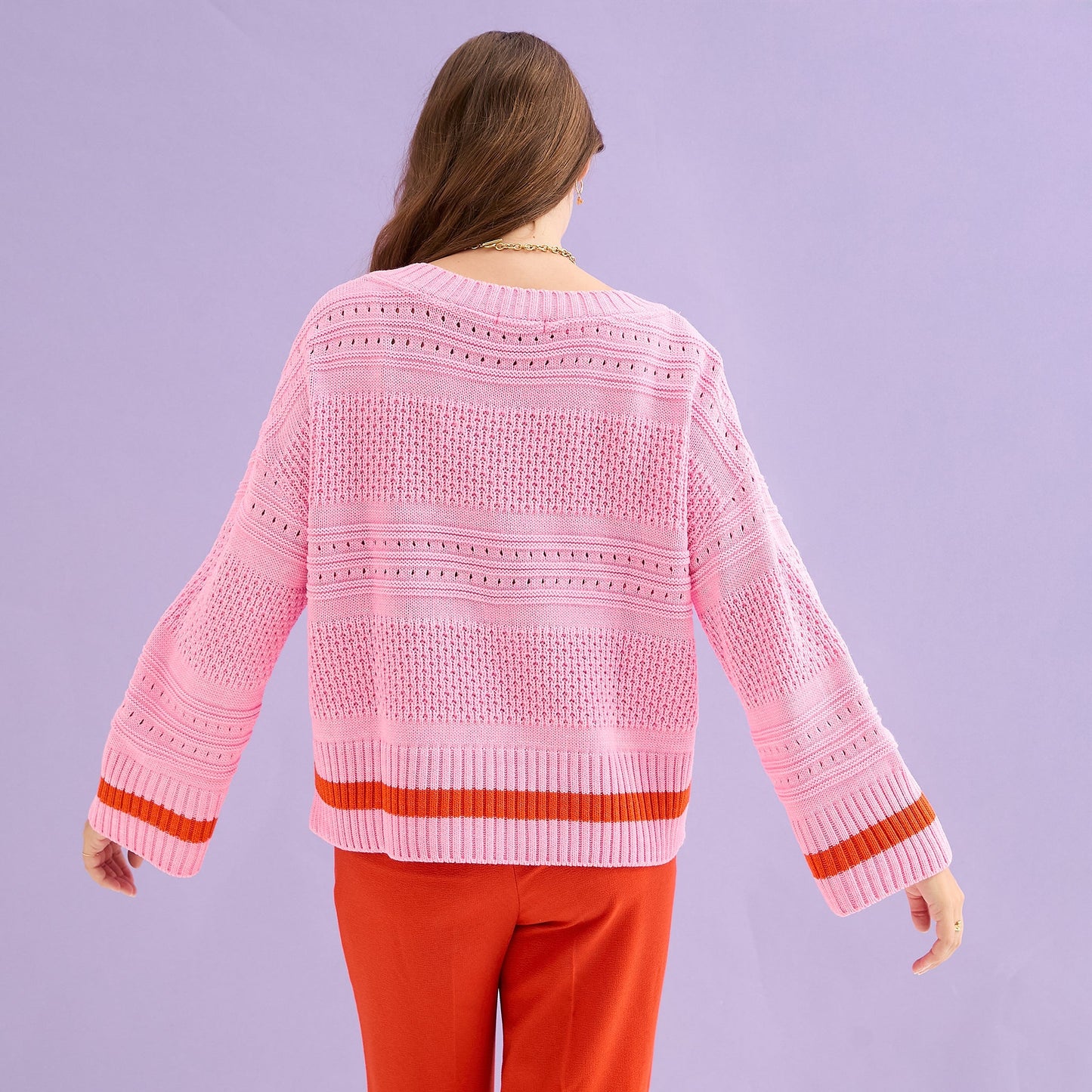 Judith Pointelle Stitch V Neck Jumper - Pink