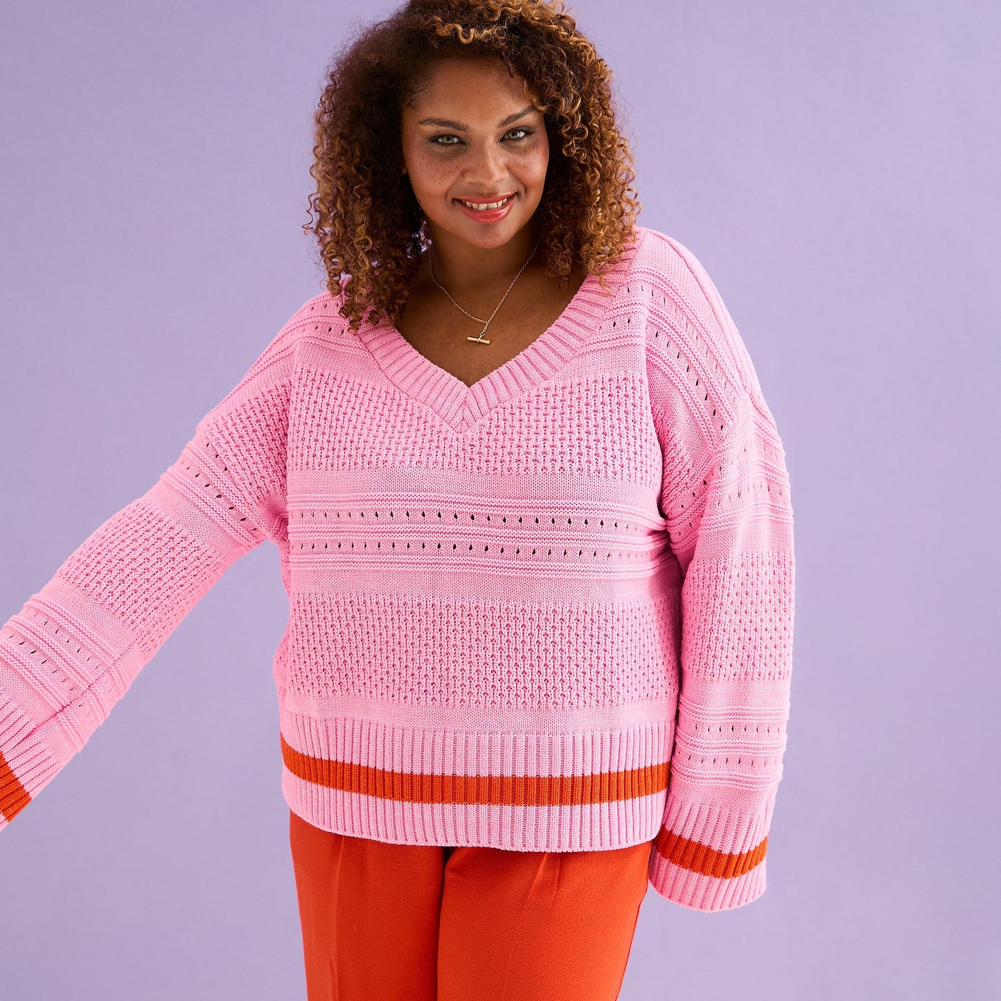 Judith Pointelle Stitch V Neck Jumper - Pink