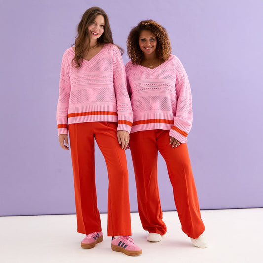 Judith Pointelle Stitch V Neck Jumper - Pink