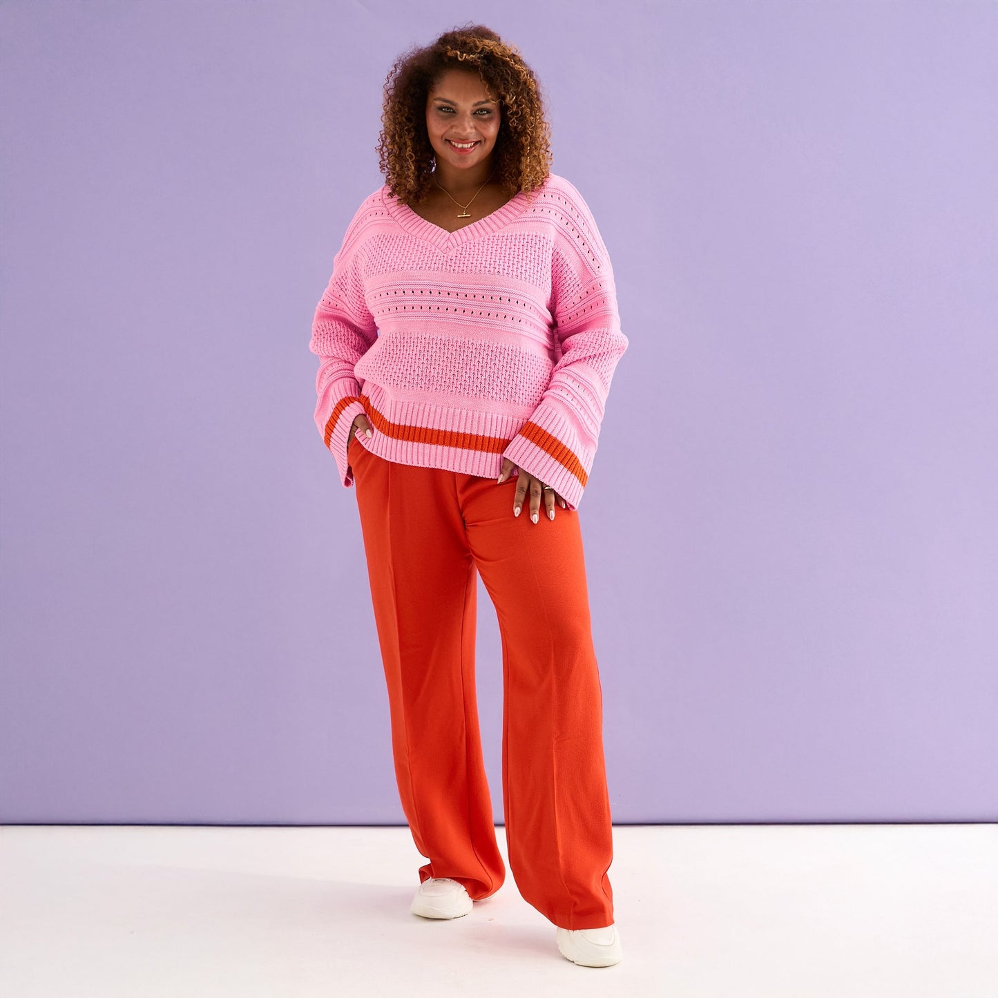 Judith Pointelle Stitch V Neck Jumper - Pink