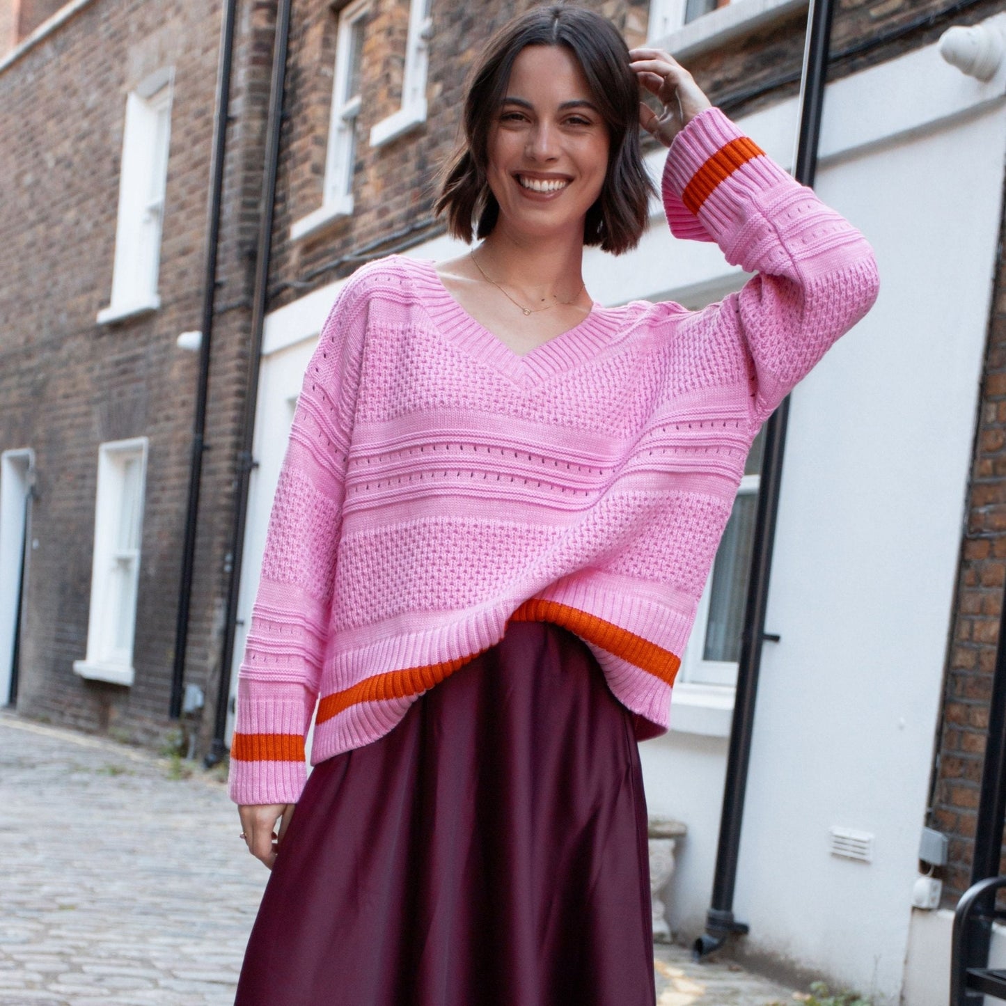 Judith Pointelle Stitch V Neck Jumper - Pink