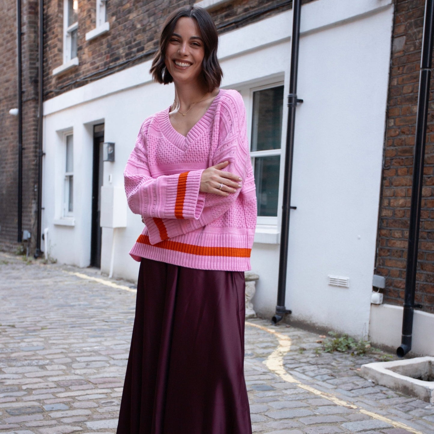 Judith Pointelle Stitch V Neck Jumper - Pink
