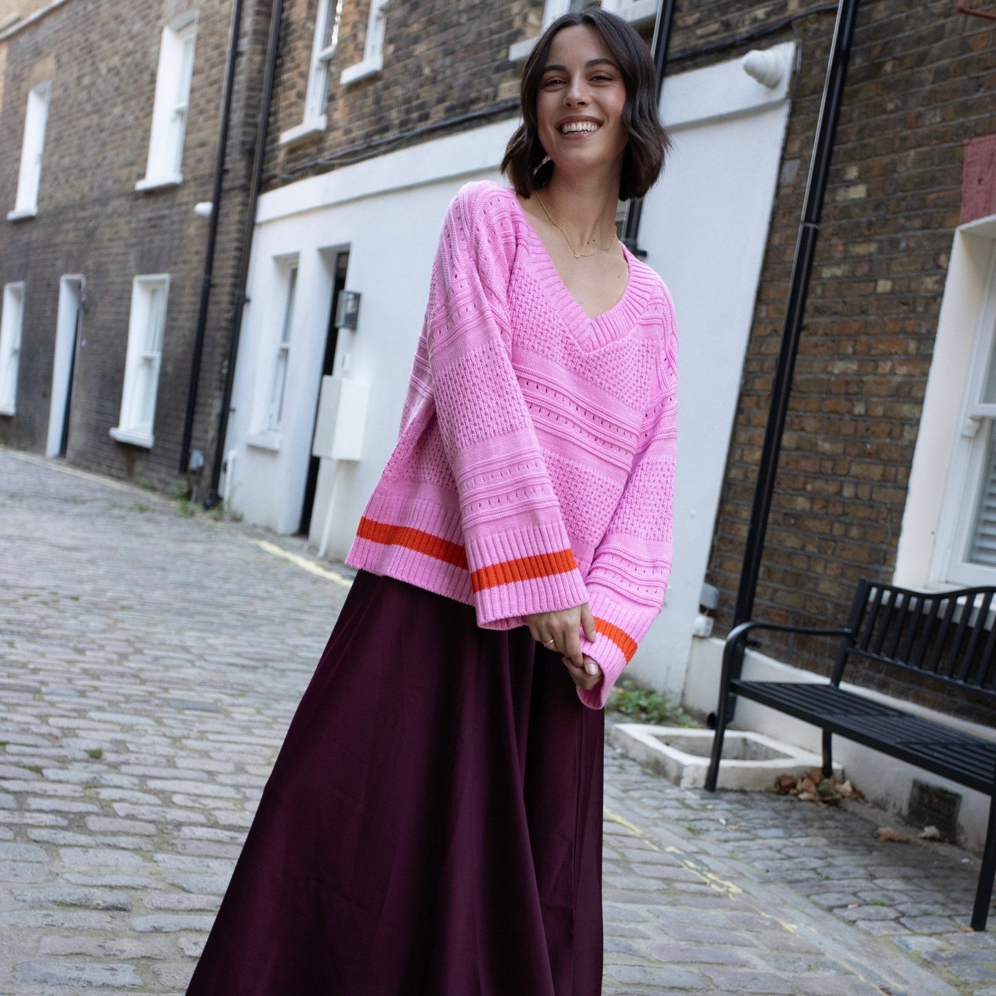 Judith Pointelle Stitch V Neck Jumper - Pink