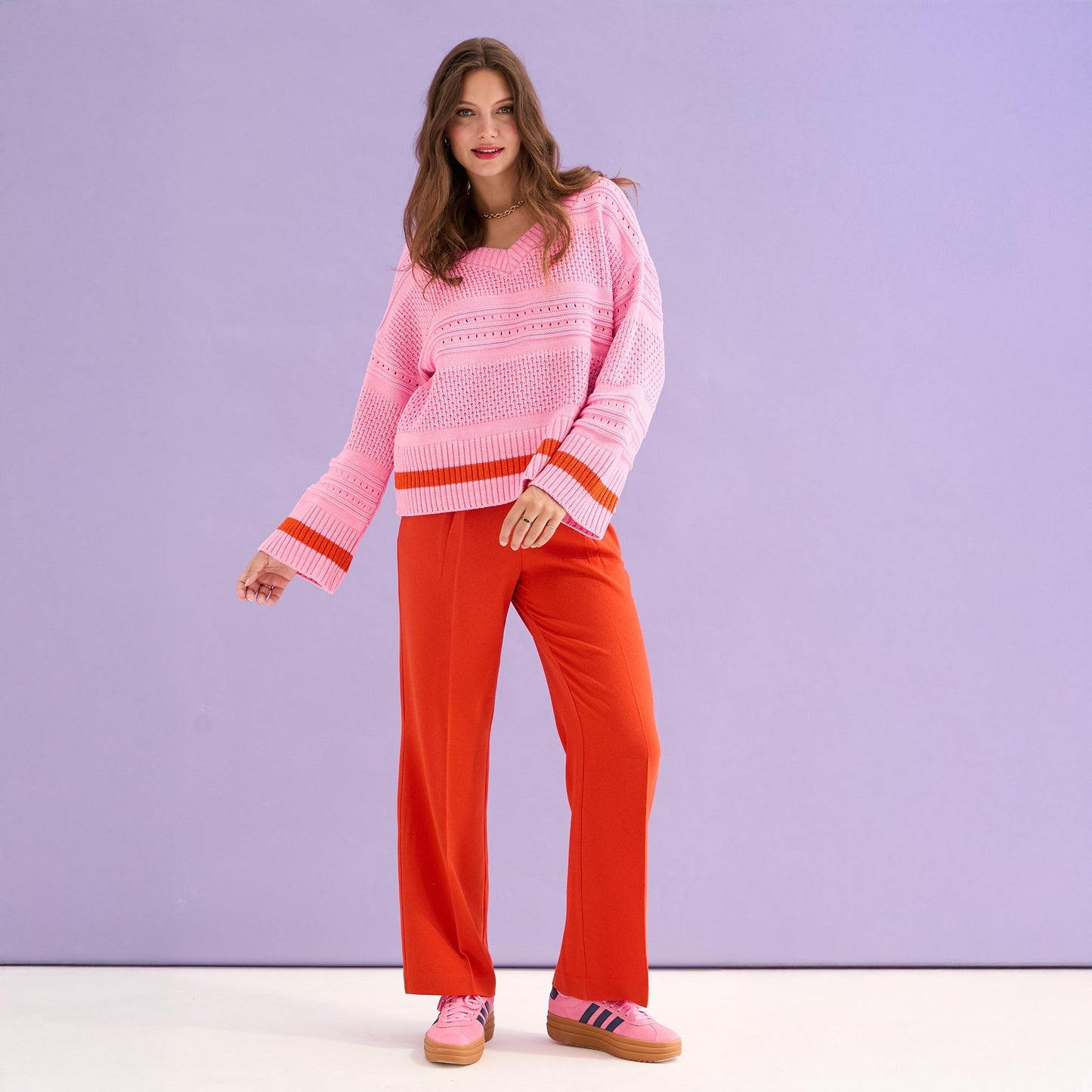 Judith Pointelle Stitch V Neck Jumper - Pink