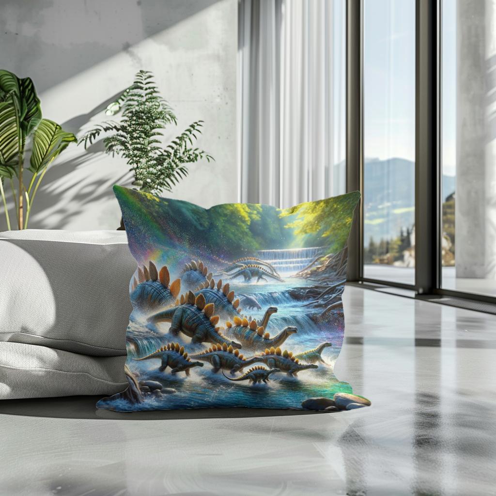 River Crossing Stegosaurus Cotton Cushion