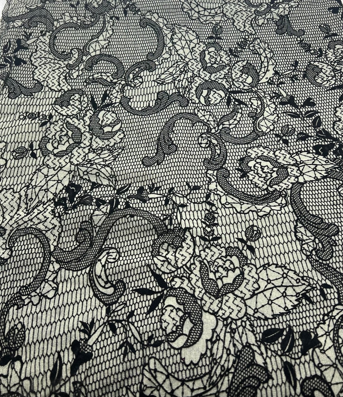 Khaki Green Floral Embossed Flocked Mesh Fabric 2 Way Stretch