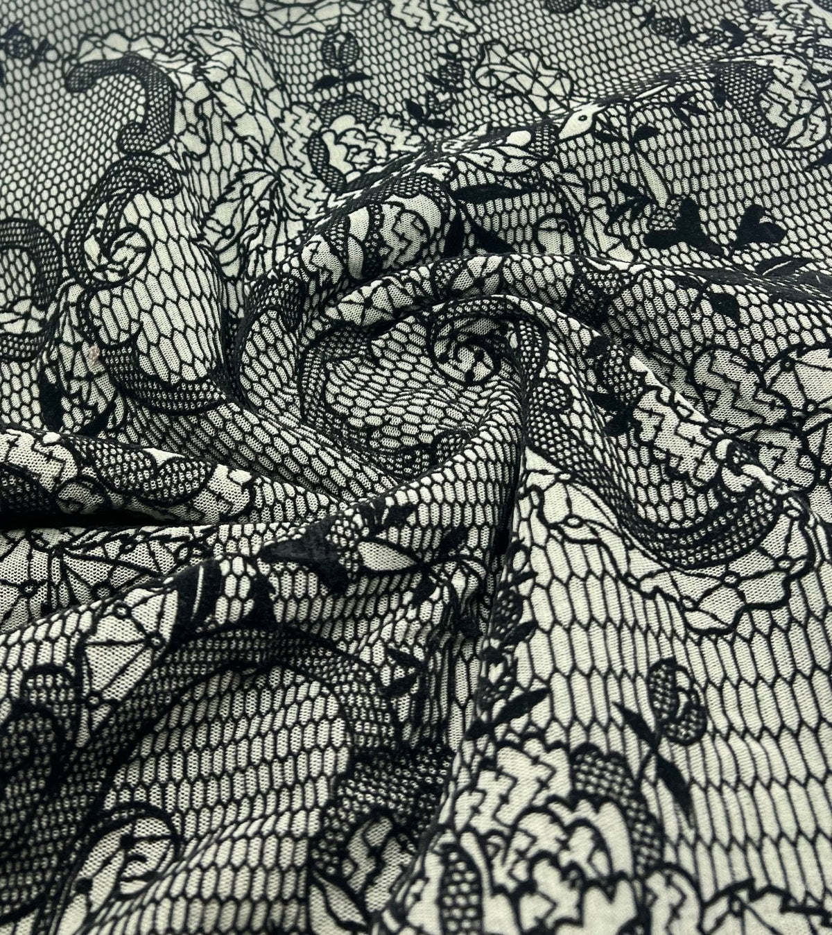 Khaki Green Floral Embossed Flocked Mesh Fabric 2 Way Stretch