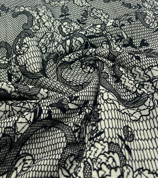 Khaki Green Floral Embossed Flocked Mesh Fabric 2 Way Stretch