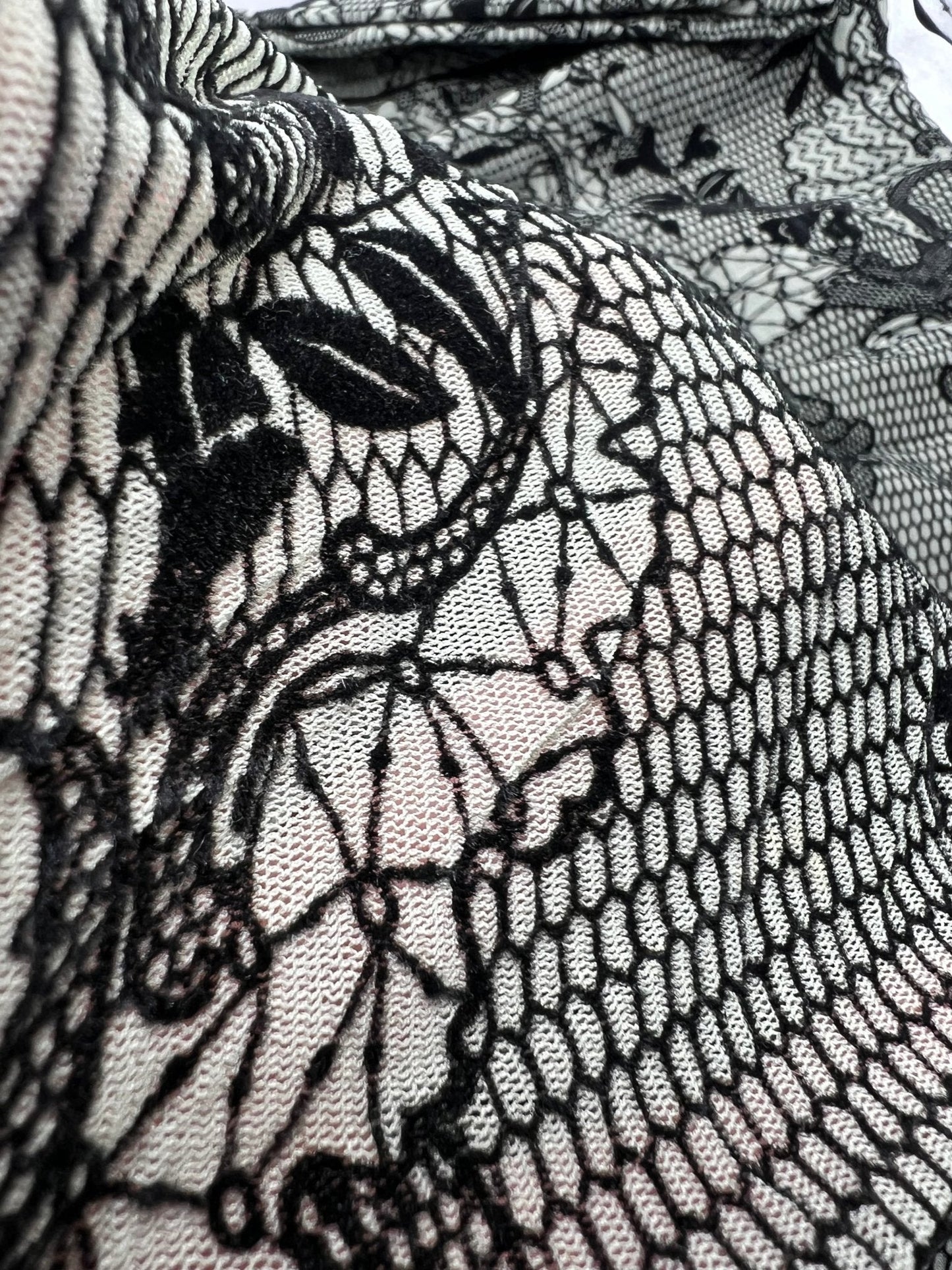 Khaki Green Floral Embossed Flocked Mesh Fabric 2 Way Stretch