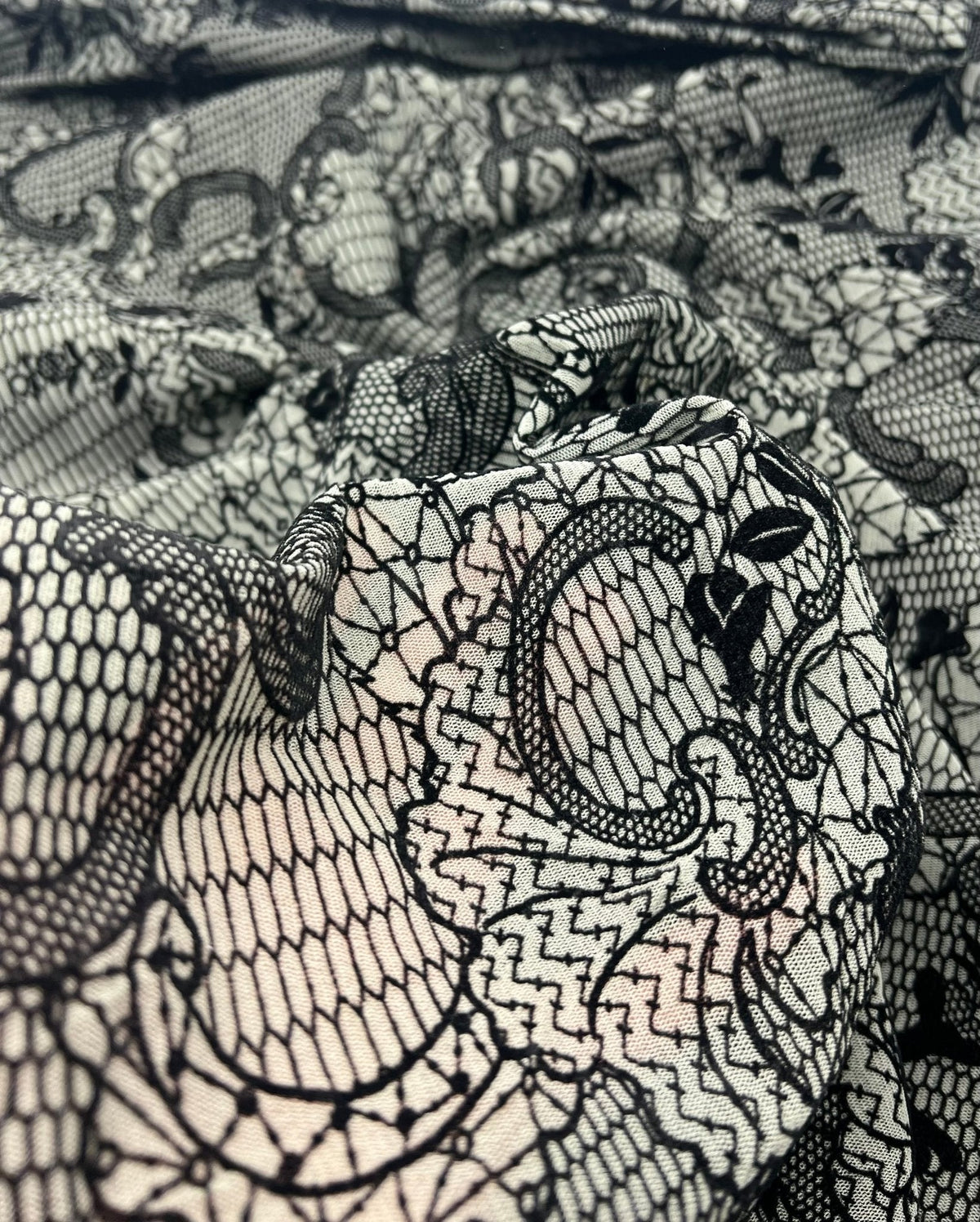 Khaki Green Floral Embossed Flocked Mesh Fabric 2 Way Stretch