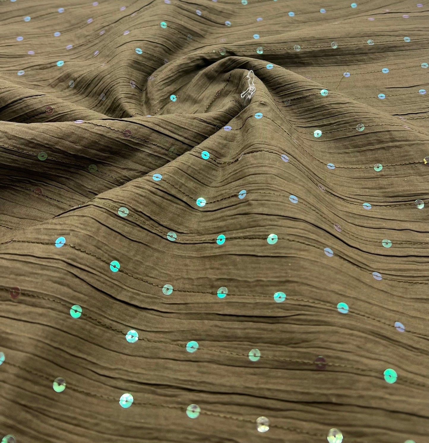 Khaki Sequin Crinkled Lightweight Non Stretch Woven Fabric