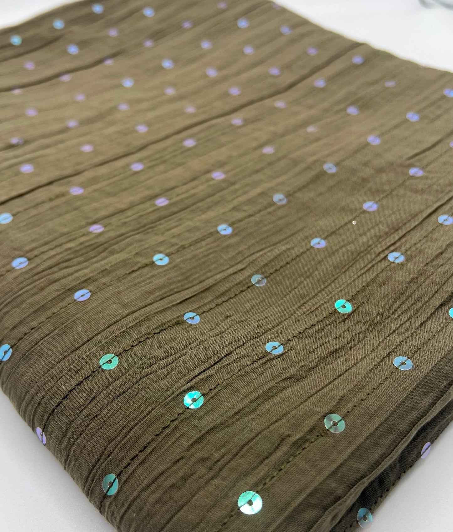 Khaki Sequin Crinkled Lightweight Non Stretch Woven Fabric
