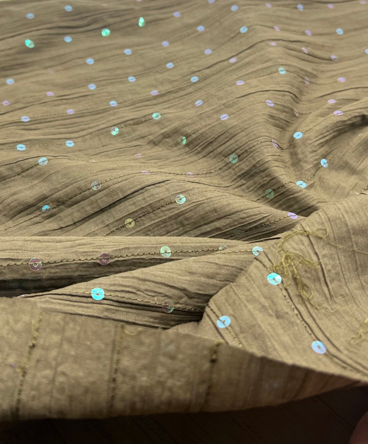 Khaki Sequin Crinkled Lightweight Non Stretch Woven Fabric