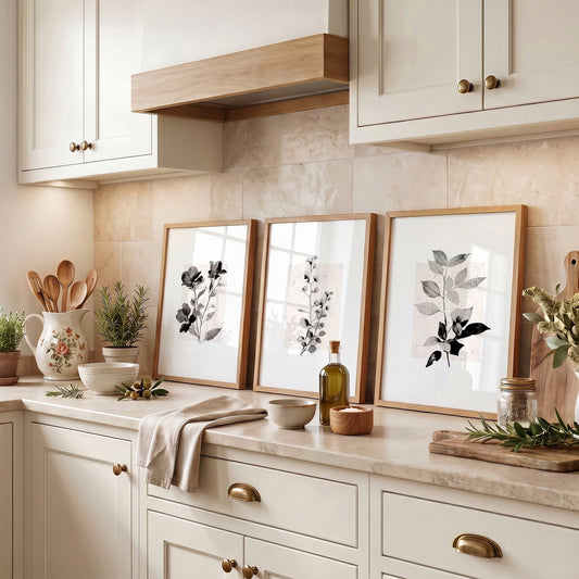 Kitchen Art Wall Decor French Country Botanical Ivory Grey Floral Prints | Set of 3