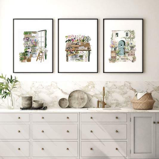 Kitchen Artwork Cottage Flower Shop Illustrations | Set of 3
