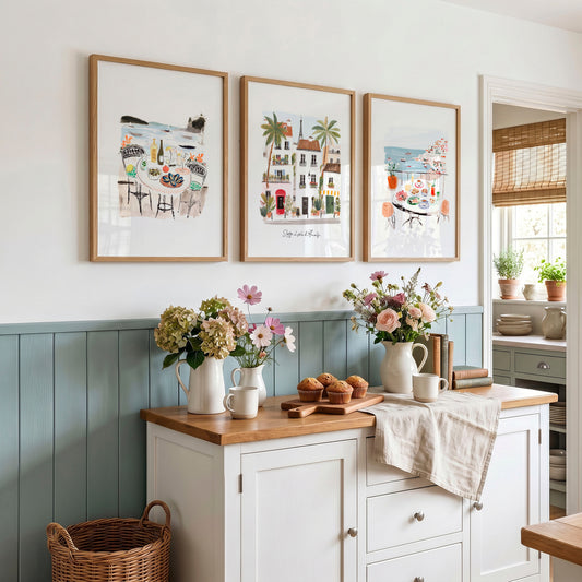 Kitchen Paintings for Wall "Sotto il Sole di Amalfi" Mediterranean Coastal Watercolour Art Prints | Set of 3
