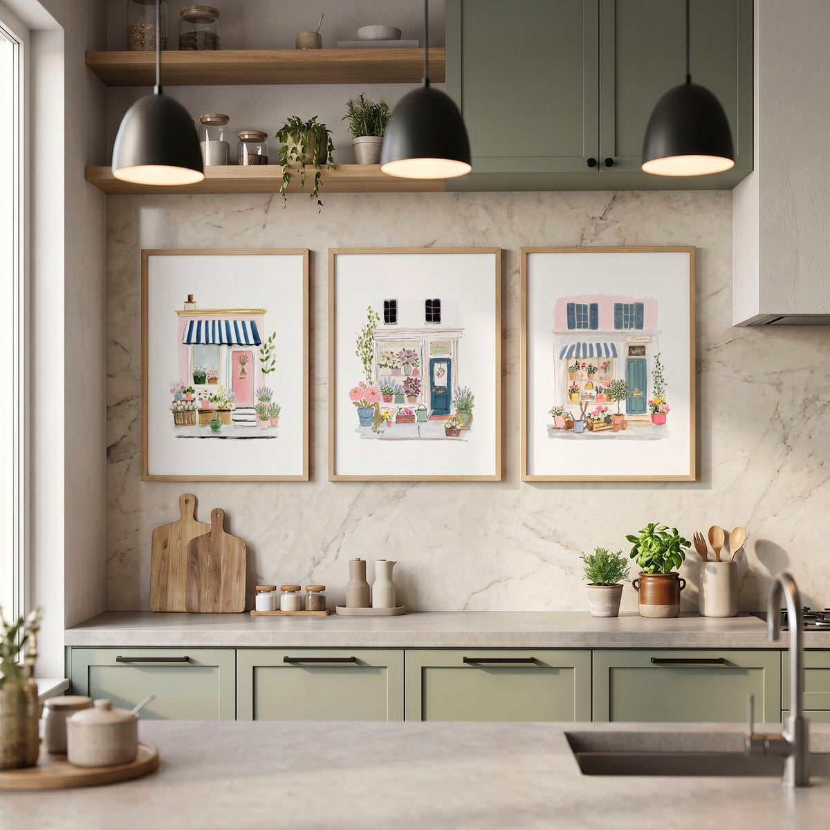 Kitchen Prints Watercolour Flower Shop Storefronts White Blue Pink | Set of 3