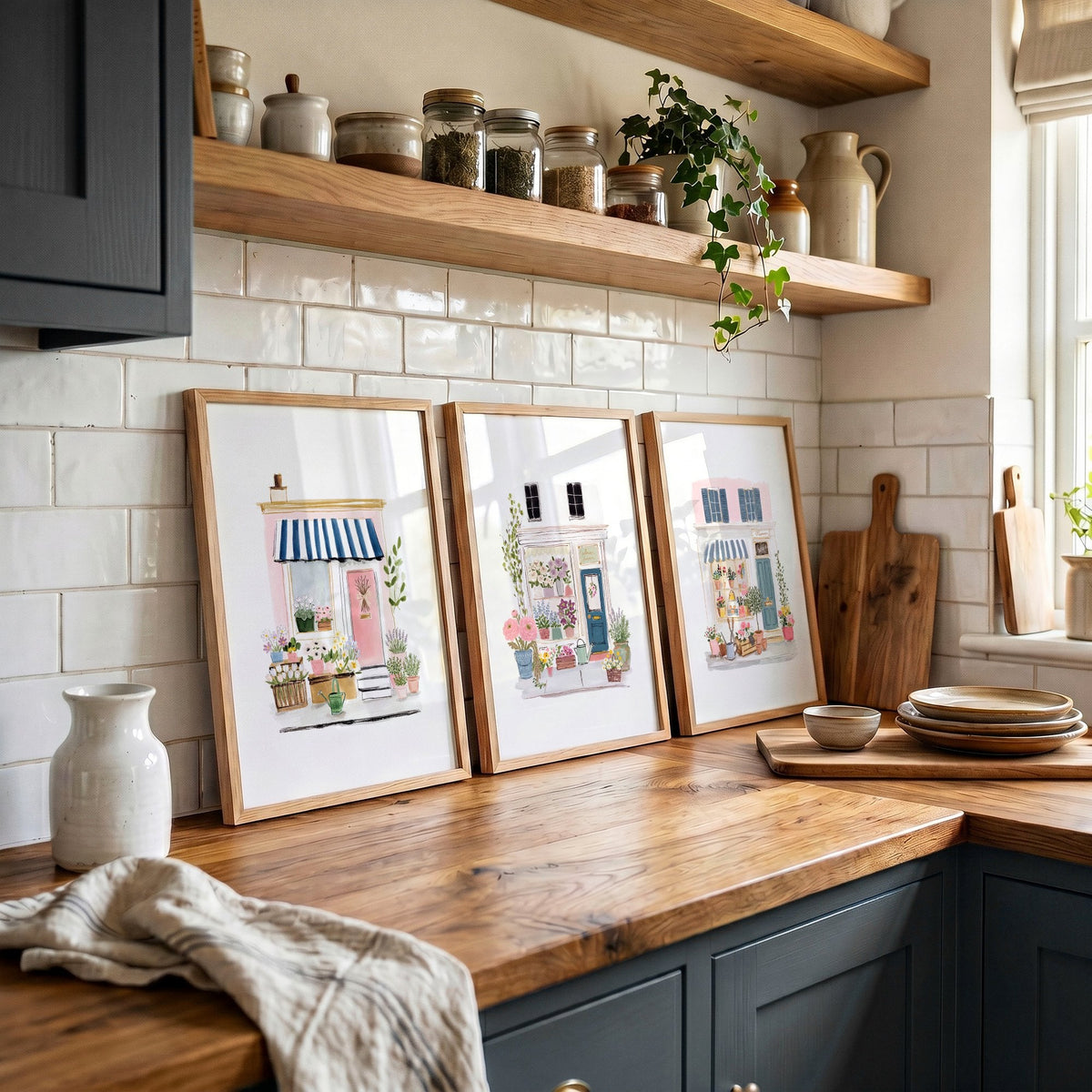 Kitchen Prints Watercolour Flower Shop Storefronts White Blue Pink | Set of 3