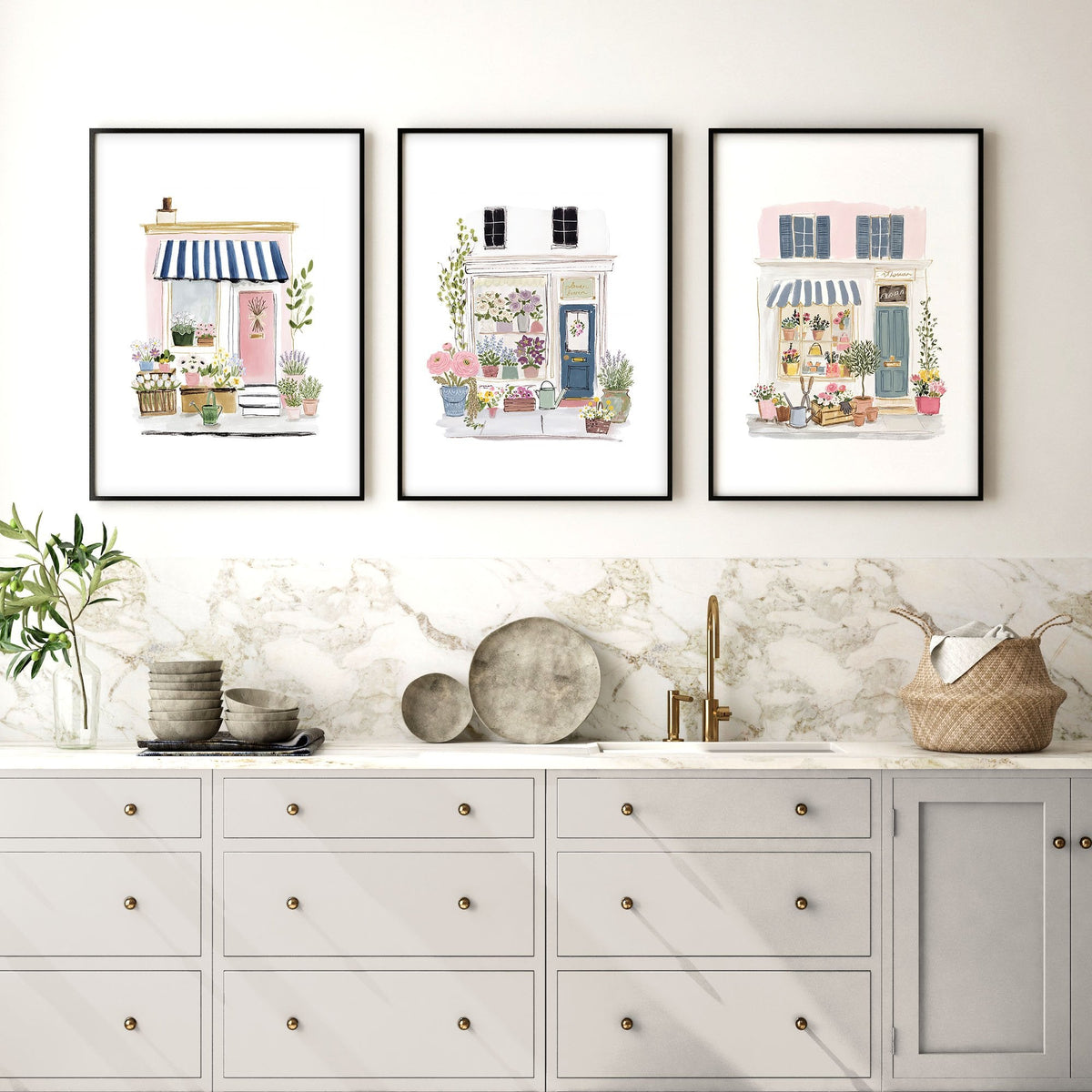 Kitchen Prints Watercolour Flower Shop Storefronts White Blue Pink | Set of 3