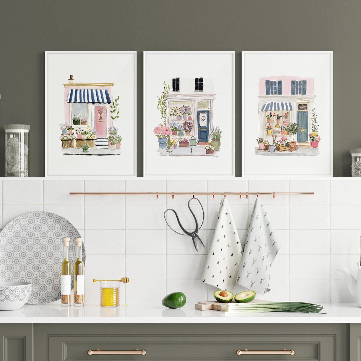Kitchen Prints Watercolour Flower Shop Storefronts White Blue Pink | Set of 3