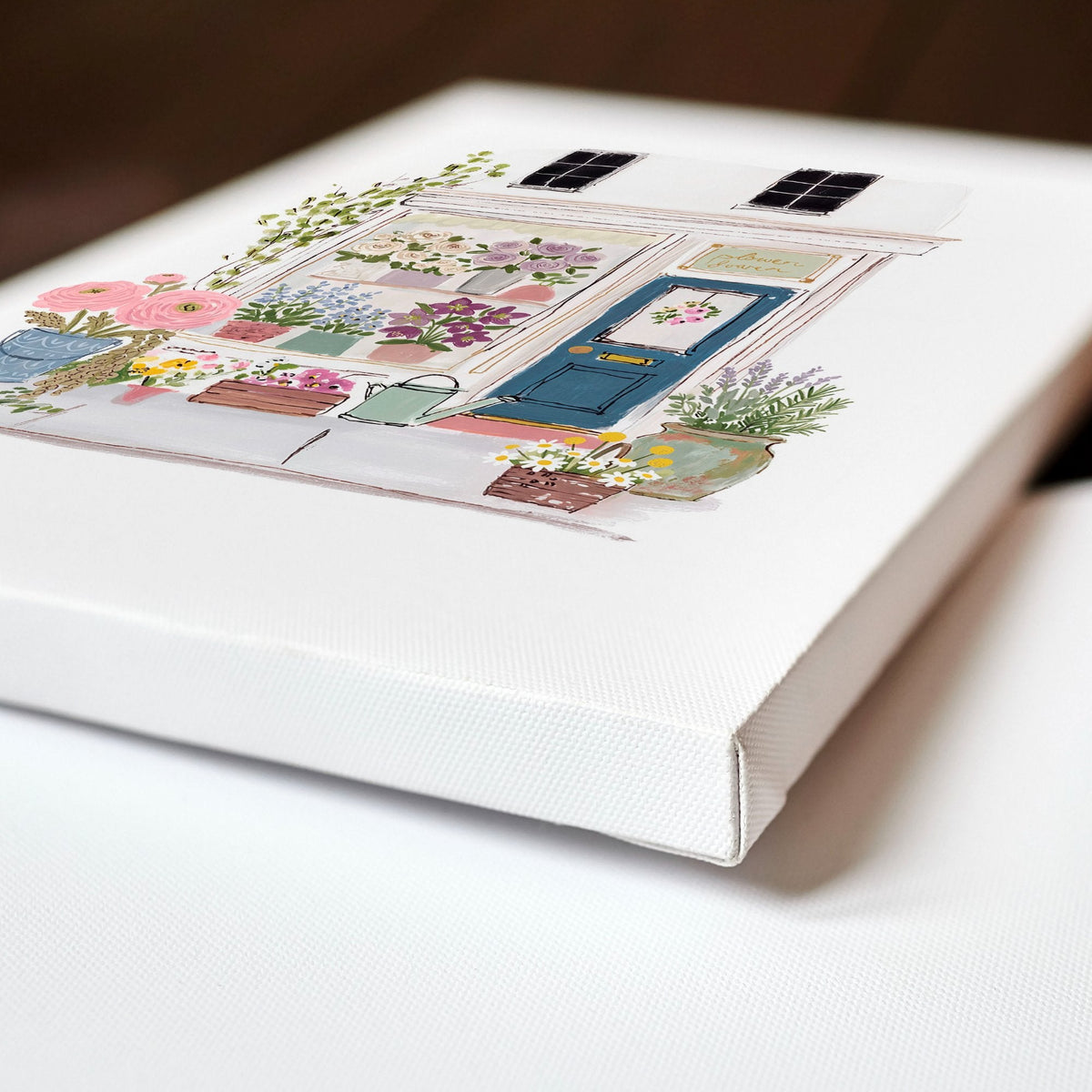 Kitchen Prints Watercolour Flower Shop Storefronts White Blue Pink | Set of 3