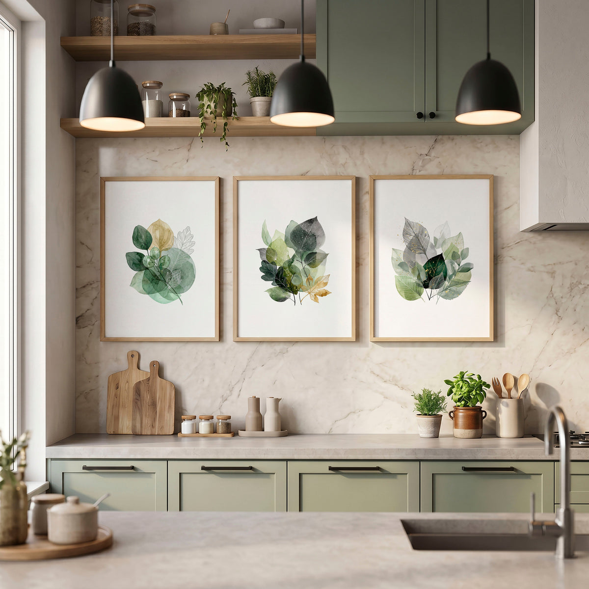 Kitchen Wall Artwork Botanical Watercolour Leaves Green & Gold Tones | Set of 3
