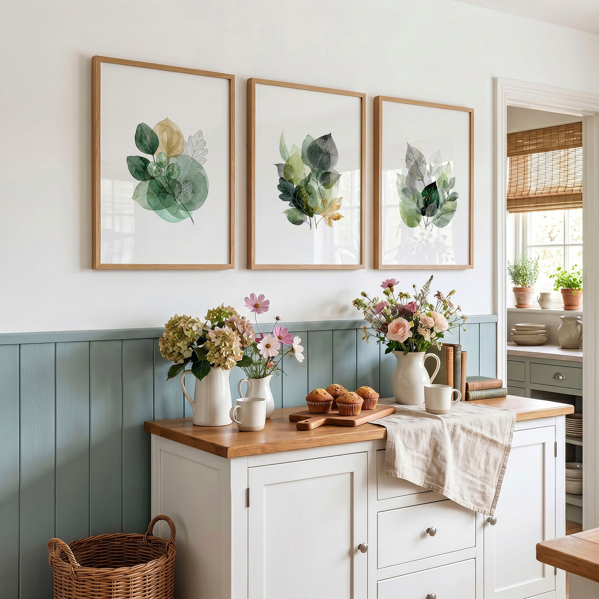 Kitchen Wall Artwork Botanical Watercolour Leaves Green & Gold Tones | Set of 3
