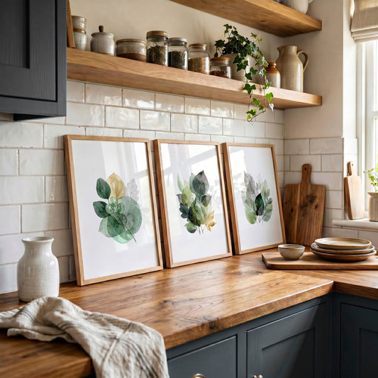 Kitchen Wall Artwork Botanical Watercolour Leaves Green & Gold Tones | Set of 3