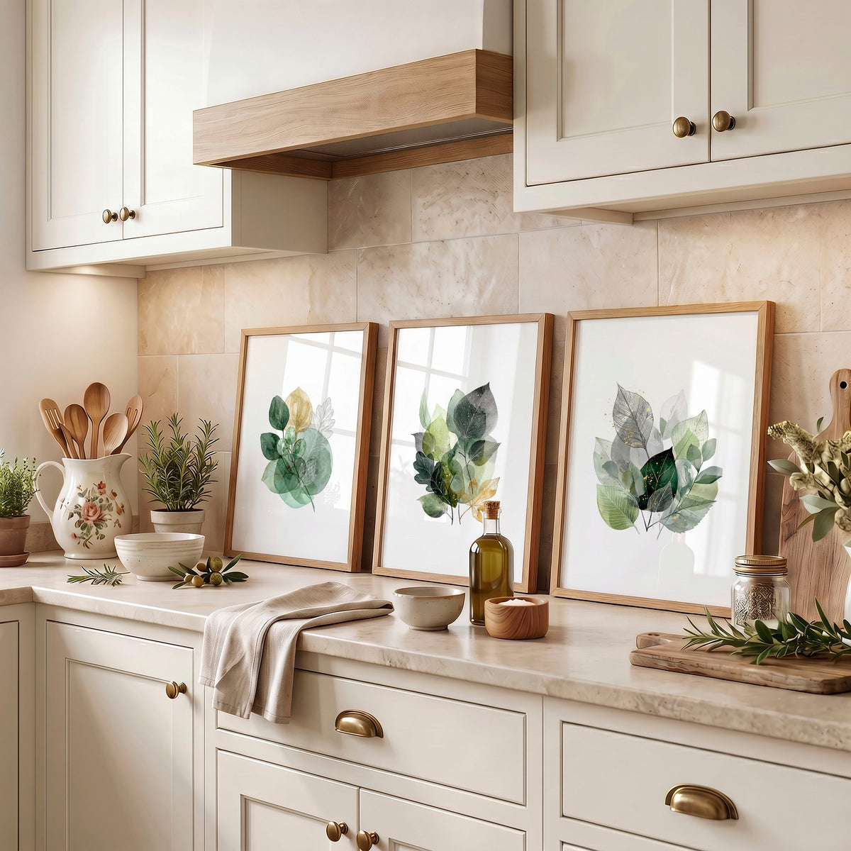 Kitchen Wall Artwork Botanical Watercolour Leaves Green & Gold Tones | Set of 3