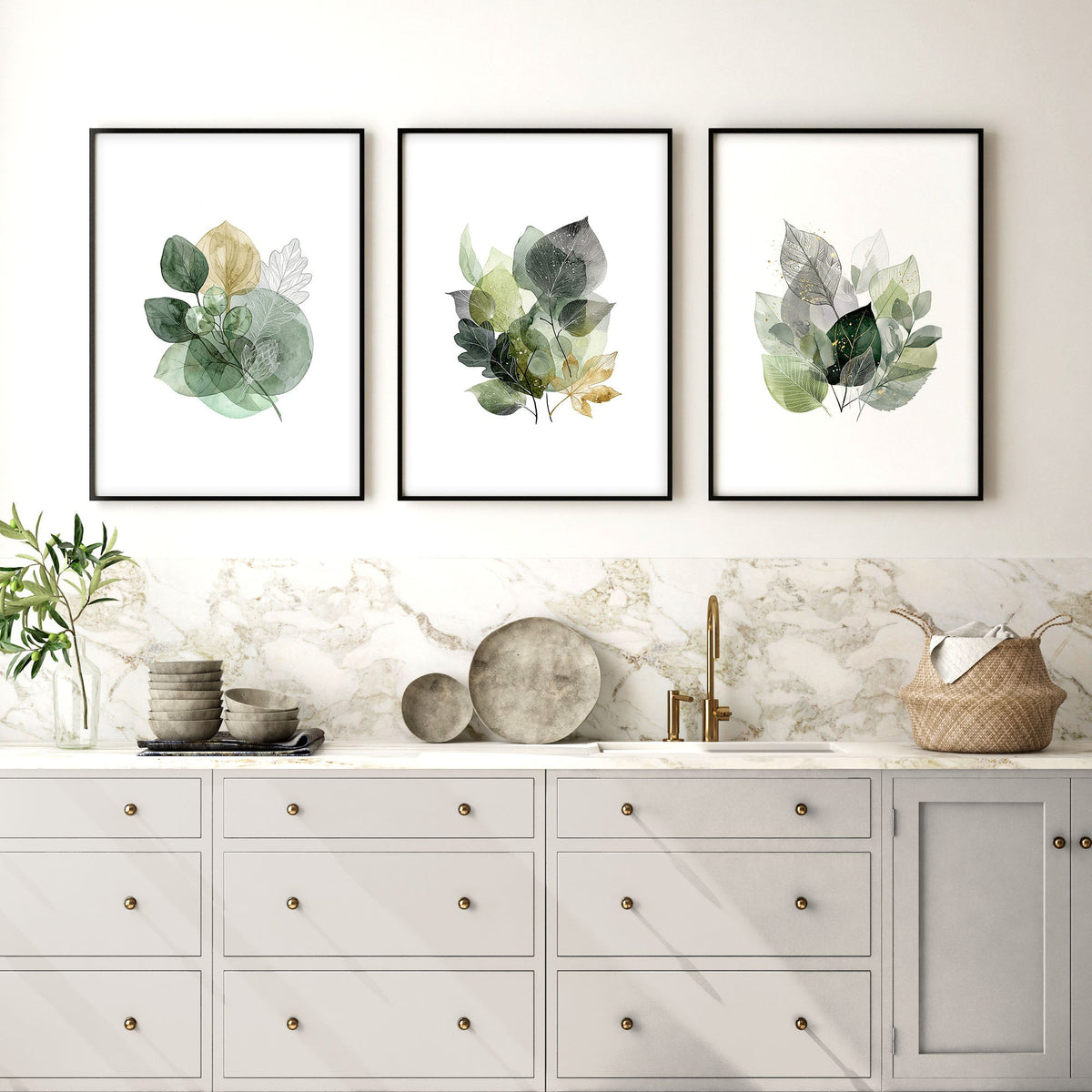 Kitchen Wall Artwork Botanical Watercolour Leaves Green & Gold Tones | Set of 3