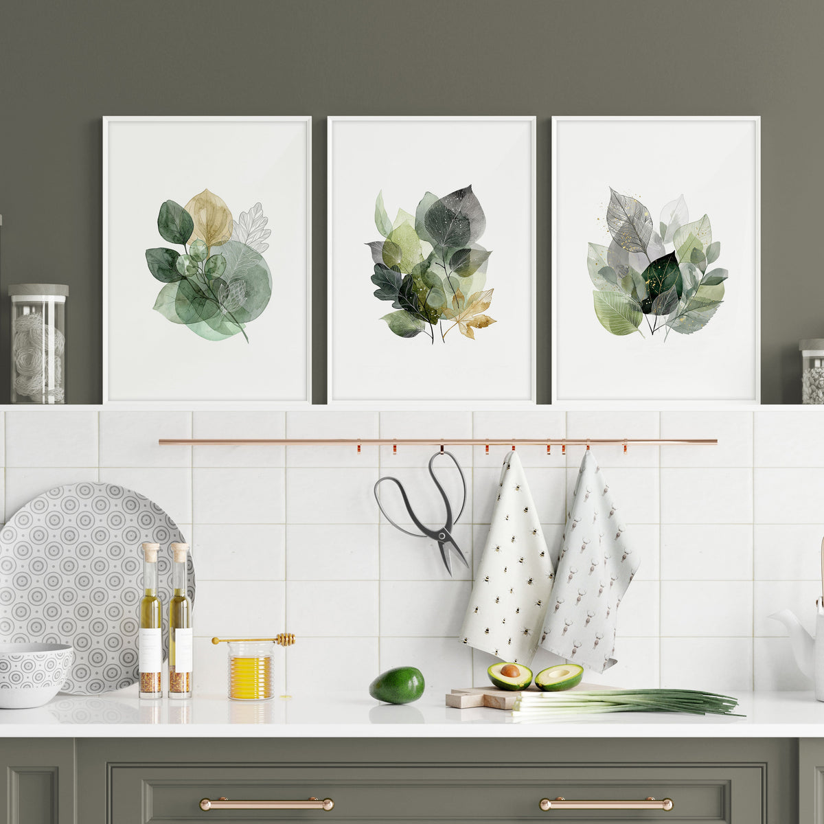 Kitchen Wall Artwork Botanical Watercolour Leaves Green & Gold Tones | Set of 3