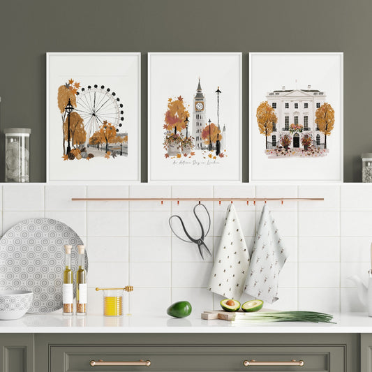 Kitchen Wall Decor London Travel Art Prints | "An Autumn Day in London" | Set of 3
