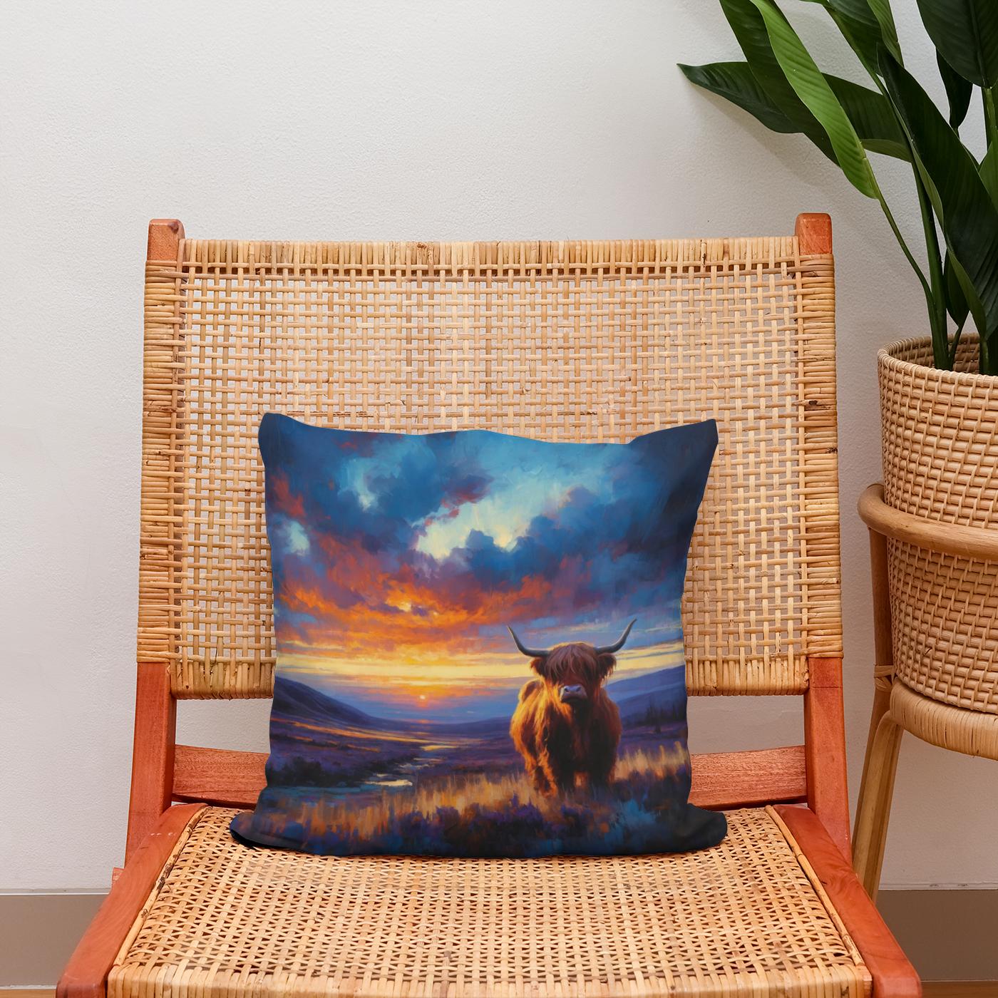 Twilight Contrast Highland Cow Cotton Cushion