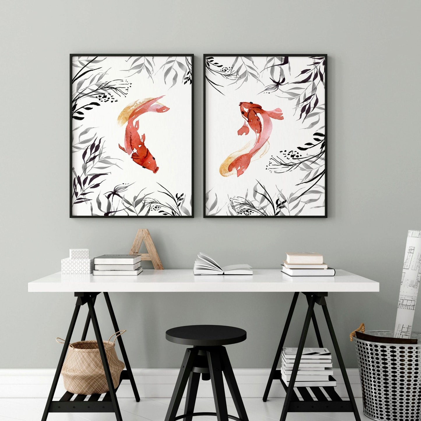 Koi fish Japanese art | set of 2 wall art prints for office decor
