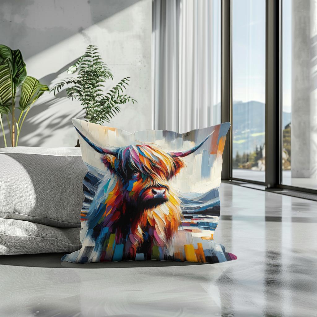 Vibrant Highland Cow Abstract Cotton Cushion